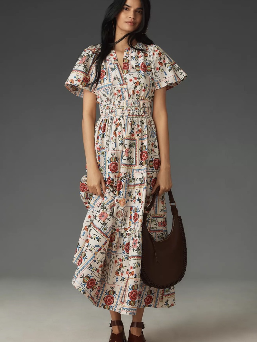 Anthropologie Cream Floral Patchwork Maxi Dress with Rust and Blue Accents